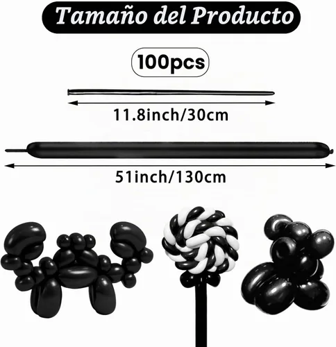 Vista 2 de 100Pcs Globos Negros 260, Globos Largos para Atar Arco de Globos, Globos Largos y Finos para Torcer Globos de Animales, Globos para Cumpleaños