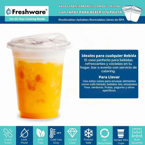 Vista 2 de Freshware Vasos de plástico transparente con tapas para sorbos sin popote [100 tazas – 12 onzas] Vaso desechable para café helado, batido, bebidas