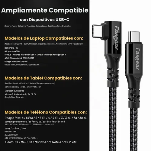 Vista 7 de Fasgear Cable USB C a tipo C 3.2 Gen 2x2 de 3 pies, carga de 20 Gbps 100 W, cable USB-C trenzado de video 4K de 90 grados, compatible con MacBook
