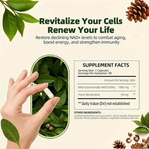 Vista 4 de Suplemento NAD+ con ribósido de nicotinamida y resveratrol 1000 mg - Suplemento de resveratrol NAD para hombres y mujeres - NMN alternativa