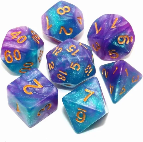 Vista 9 de Juego de dados poliédricos DND con brillo para juegos de rol de mazmorras y dragones (D&D) RPG, dados verdes mezclados con nebulosa negra