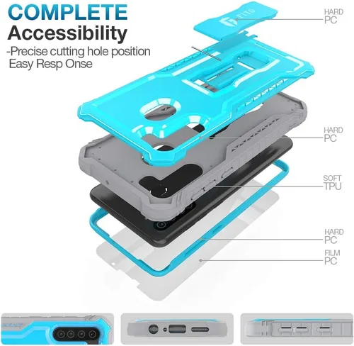 Vista 4 de FITO Funda para Samsung Galaxy A21, doble capa a prueba de golpes resistente con protector de pantalla para teléfono Samsung A21, soporte Azul