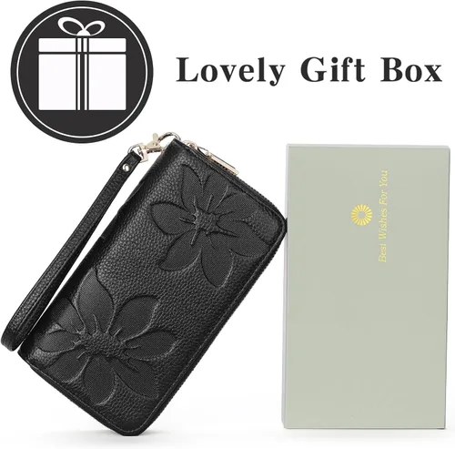 Vista 5 de GOIACII Cartera de mujer de gran capacidad con doble cremallera para mujer, soporte para teléfono con bloqueo RFID, correa de cuero