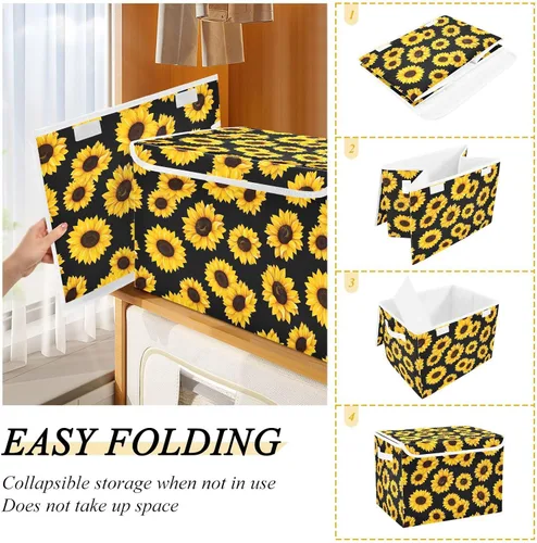 Vista 4 de Large Collapsible Storage Bins with Lids, Sunflower Black Storage Baskets Organizer Containers with Handles for Clothes