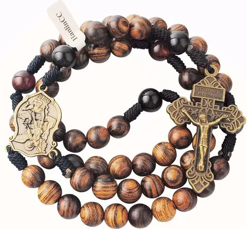 Vista 8 de HanlinCC Cuentas de madera maciza hechas a mano de 0.394 pulgadas con piedra de ágata, collar de rosario católico para hombres con pieza central