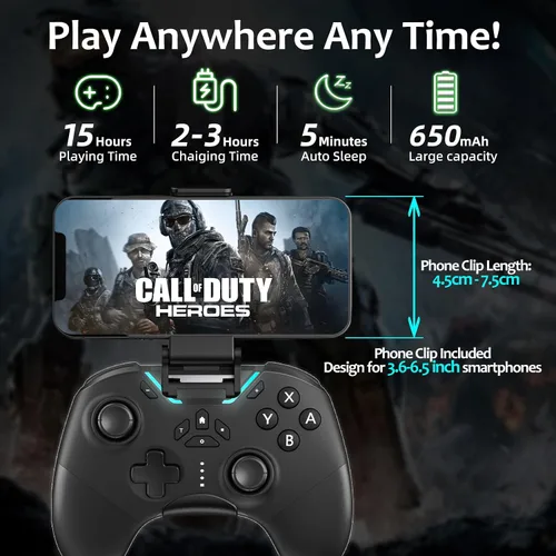 Vista 6 de Bluetooth Controller for SwitchPCiPhoneAndroidApple Arcade MFi GamesTVSteam, Pro Wireless Game Controller Remote Gamepad with Phone Clip with Lock