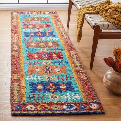 Vista 6 de SAFAVIEH Aspen Collection - Alfombra de pasillo de 2 pies 3 pulgadas x 8 pies, azul y rojo, hecha a mano, lana tribal bohemia, ideal para zonas