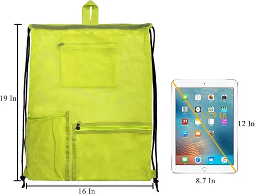Vista 4 de Bolsa de malla con cordón resistente, mochila de gimnasio con soporte para botellas para bolas, natación, juguetes de playa, Amarillo claro, Deportes