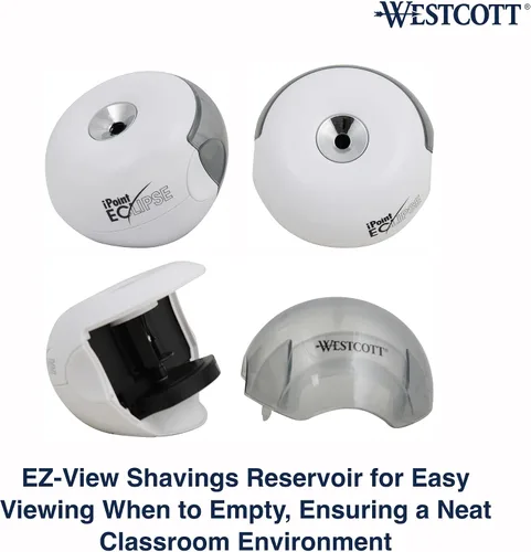 Vista 3 de Westcott iPoint Eclipse - Sacapuntas de batería, tecnología única de dos cuchillas, depósito EZ-View, requiere 4 pilas AA, blanco, para el hogar