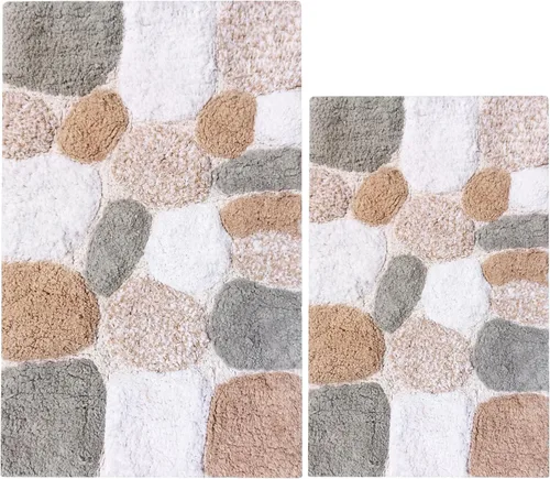 Vista 11 de Ramanta Home Alfombra de baño de algodón puro con piedra de guijarro, color beige gris, súper suave, antideslizante, absorbente, para baño, cocina