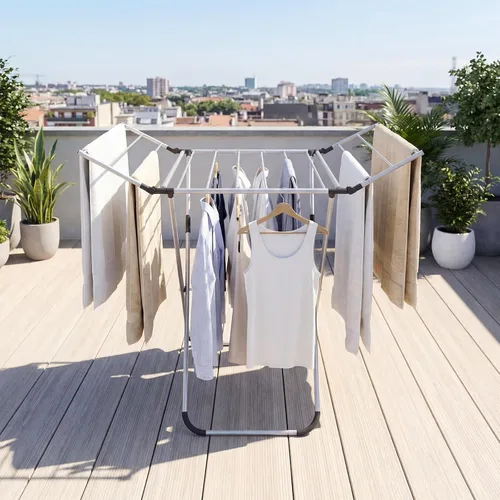 Vista 9 de GOFLAME Estante de secado de ropa, con 2 alas plegables, 14 varillas de secado, aireador de lavandería plegable independiente para ropa, toallas