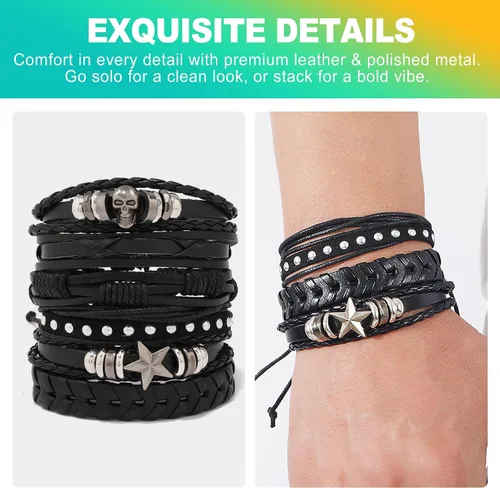 Vista 6 de Paquete de 6 pulseras punk góticas y emo, pulseras ajustables de cuero con tachuelas