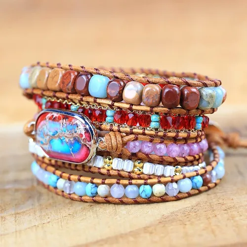 Vista 2 de ZOSOJONA Pulsera envolvente para mujer, estilo bohemio, con cuentas de cristal de jaspe natural, Cuero, Ágata