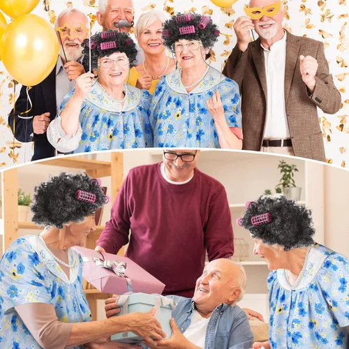 Vista 7 de Yaomiao Juego de 8 piezas de disfraz de anciana para mujer, trajes de abuela, trajes de vestido de manga corta, túnica de abuelita, peluca con muleta