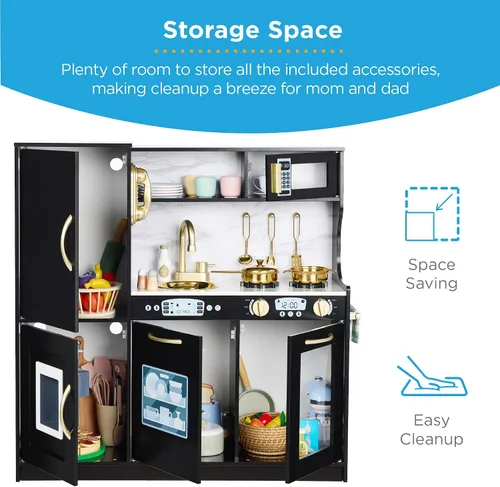 Vista 6 de Best Choice Products - Juego de cocina de madera para niños, juego de cocina con fregadero, horno, microondas, refrigerador, máquina de hielo y Negro
