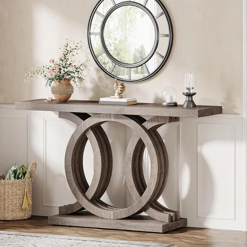 Vista 7 de Tribesigns Mesa consola de 55 pulgadas con base de madera geométrica, mesa de entrada moderna con mesa gruesa para sala de estar, pasillo, Marrón