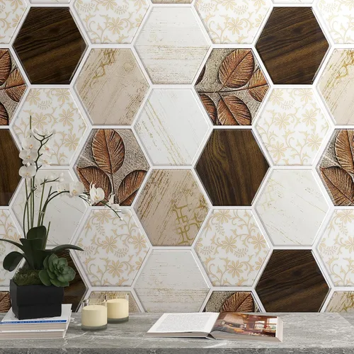 Vista 4 de FunStick 15 hojas de azulejos hexagonales para cocina, baño, azulejos de pared de 12 x 12 pulgadas, de madera bohemia, aptos para inquilinos
