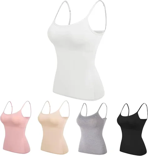 Vista 11 de Camisolas ajustables para mujer con brasier integrado, camiseta sin mangas de algodón elástico, tirantes delgados, cuello redondo Negro