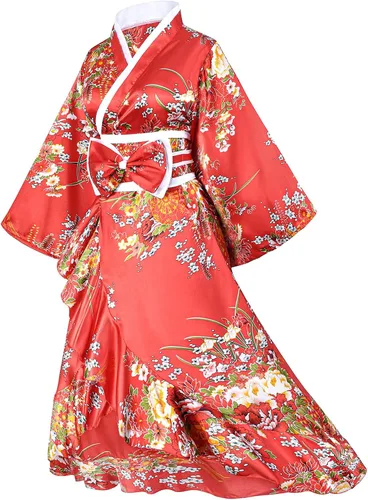 Vista 3 de Elibelle Kimono para mujer Geisha Yukata Sweet Tuxedo Ruffle Dress Blossom Satin Bathrobe Sleep Fan Tabi Socks Set