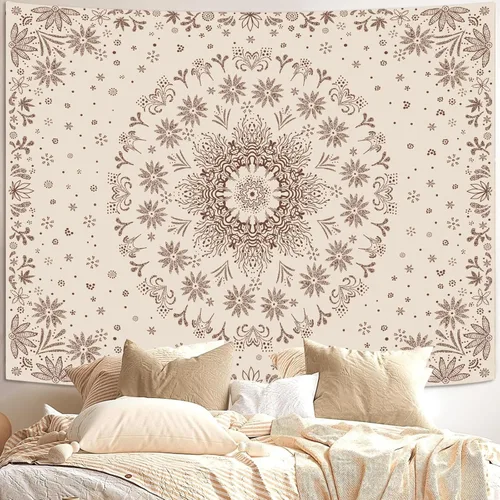 Vista 15 de Fowocu Tapiz bohemio con mandala floral para colgar en la pared, medallón de flores bohemias, tapiz estético, beige, naranja, hippie, indio, pequeño