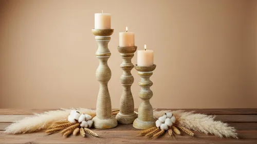 Vista 5 de Portavelas de pilar de madera tallada a mano encalada, juego de 3, estilo decorativo de Chennai, hecho de madera de mango, decoración rústica