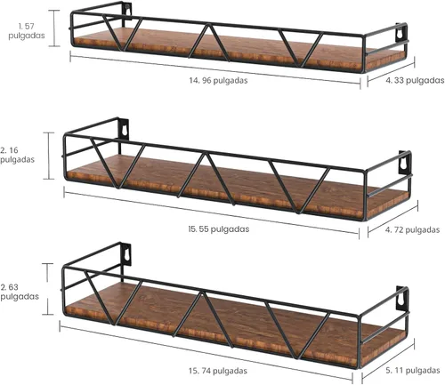 Vista 3 de Amaoot Juego de 3 estantes flotantes, estante de pared de madera para el hogar, estante de granja para dormitorio, estante flotante montado