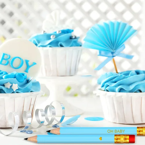 Vista 6 de Crtiin 50 lápices de baby shower para actividades, mini golf, medio lápices, preafilados con borradores, 4 pulgadas (azul, estilo niño)