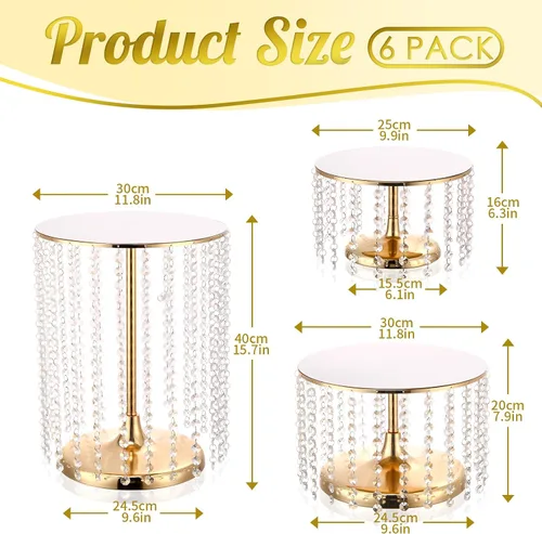 Vista 2 de Juego de 6 soportes de metal para tartas con colgante de cristal, plato redondo para exhibición de postres, pedestal para bodas, fiestas