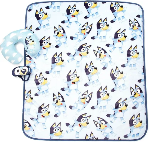 Vista 2 de Jay Franco Bluey - Juego de viaje para niños, juego de 3 piezas, incluye manta de 40 x 50 pulgadas, máscara de ojos y almohada para el cuello