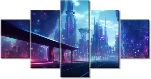 Vista 214 de Cuadros de 5 paneles de Cyberpunk City, arte de pared, representación de vallas publicitarias, edificios modernos en la capital con obras de arte