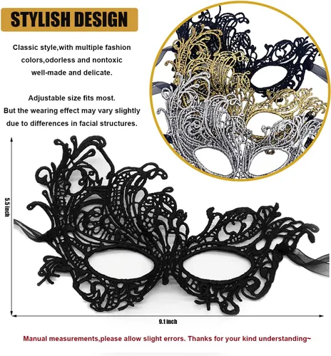 Vista 4 de MYMENU Máscaras de mascarada para mujer, de encaje, Halloween, veneciano, carnaval, para disfraz, cosplay, Mardi Gras, fiesta de baile Negro