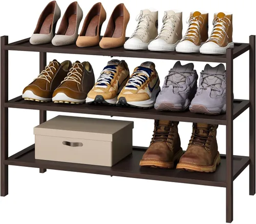 Vista 17 de kiplant Zapatero de bambú negro de 2 niveles, zapatero apilable de madera de bambú para armario, entrada y pasillo