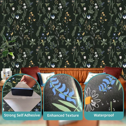 Vista 4 de Papel tapiz para despegar y pegar, papel tapiz floral bohemio de 17.5 x 78.7 pulgadas para dormitorio y baño, fácil de despegar, apto para inquilinos
