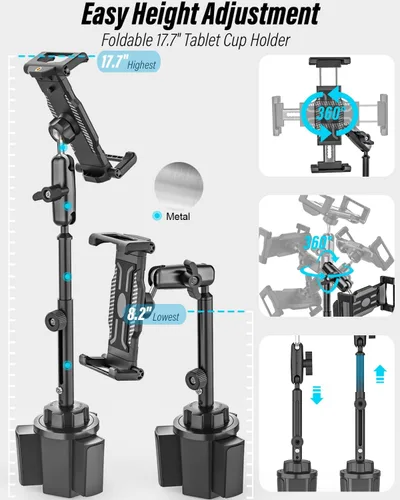 Vista 3 de Soporte de aluminio para tablet de automóvil, [altura ajustable de 16 pulgadas] [compatible con funda gruesa] Soporte resistente para tablet
