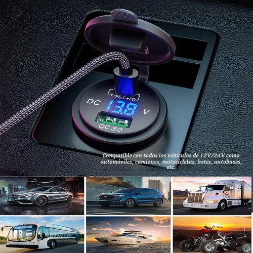 Vista 6 de GemCoo Enchufe de Cargador de Coche USB C de 63W, Salida PD de 45W Cargador QC3.0 de 18W Enchufe USB para Encendedor de Cigarrillos de 12V