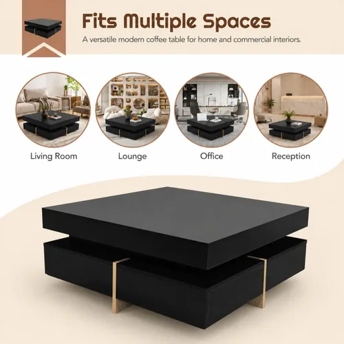 Vista 9 de Mesa de centro moderna con almacenamiento, mesa de centro cuadrada contemporánea con cajones, mesa central moderna de alto brillo para sala de Negro