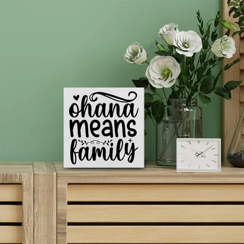 Vista 4 de Letrero decorativo de madera para la familia, placa de bloque de madera Ohana Means Family, decoración rústica para estante o exhibición de pared