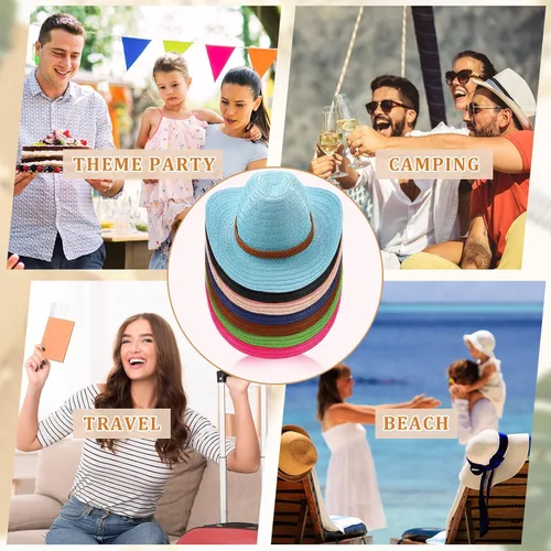 Vista 7 de Suhine 15 sombreros de vaquero de paja para hombres y mujeres, coloridos sombreros de fiesta occidental a granel, protección solar a granel, vaquera