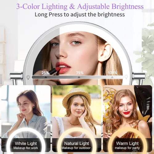 Vista 5 de Wall Mounted Makeup Mirror with Lights, Double-Sided Magnifying, Plug-in Lighted Vanity Mirror with 3 Color Modes, 20X/1X Dimmable Brightness, 360°