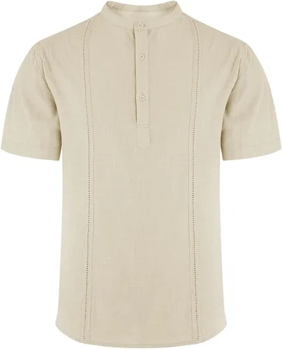 Vista 4 de Lakimani Camisa Henley de lino de algodón para hombre, manga corta, rayas verticales, ajuste regular, camisas de verano