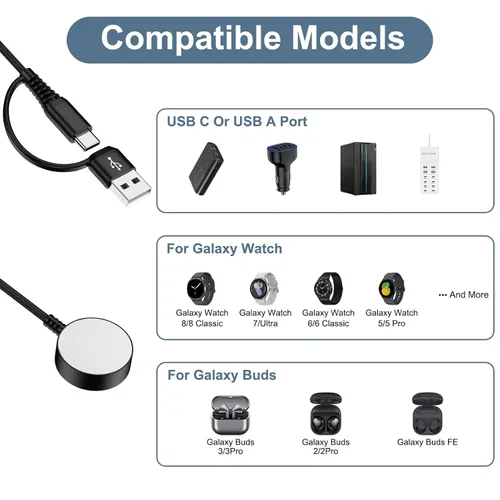 Vista 6 de Cable magnético de carga rápida para Samsung Watch 8/8 Classic/7/Ultra/6/6/5 Pro/5/4/4 Classic/3/Active 2/1, cargador de reloj inteligente de 3.5 W