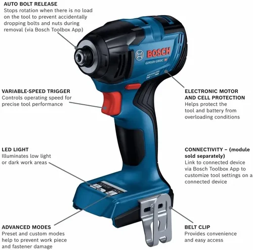Vista 2 de BOSCH GDR18V-1860CN - Destornillador de impacto hexagonal sin escobillas de 1/4 de pulgada (herramienta desnuda)