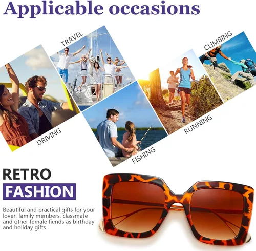 Vista 5 de 3 pares de gafas de sol cuadradas de gran tamaño con patrón de leopardo retro con gamuza de cristal para mujer