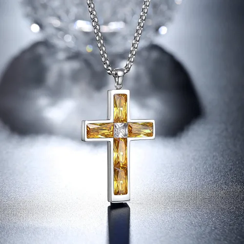 Vista 62 de Collar de cruz para hombre, piedras preciosas de color piedra natal de circonita cúbica, collar de acero inoxidable para hombre, cadena de 24