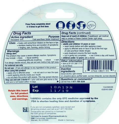Vista 2 de Abreva 2grm Tamaño de la bomba 1ct Abreva Tratamiento para herpes labial