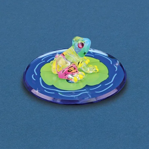 Vista 2 de Glass Baron Figura de cristal con almohadilla de rana sobre lirio, soplada a mano y esculpida con detalles de cristal austriaco y vidrio aerógrafo