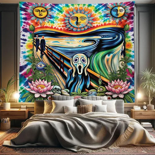 Vista 176 de Ambesonne Tapiz verde, fases lunares alrededor de un árbol de la vida, impresión de diseño bohemio de astrología nocturna, decoración de tela