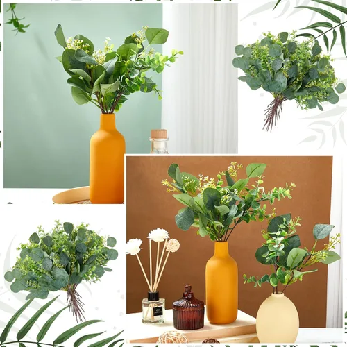 Vista 6 de Yunsailing 100 tallos de eucalipto sintético con semillas blancas, hojas de eucalipto artificiales, decoración de ramas de hojas falsas para ramos