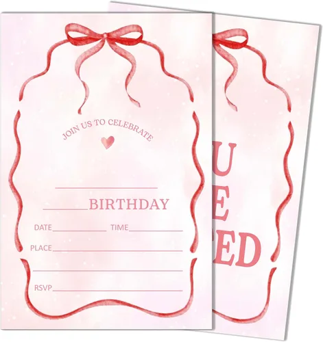 Vista 9 de ukebobo 20 invitaciones de fiesta de primer cumpleaños con lazo rosa, lindas invitaciones minimalistas de cumpleaños para niñas y niños, tarjetas
