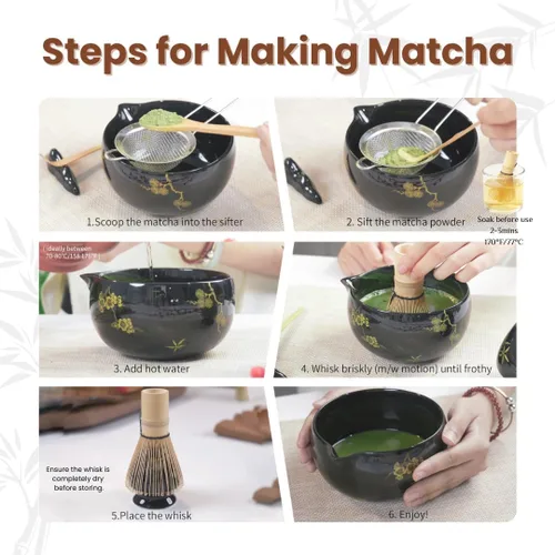 Vista 6 de Juego de batidor de matcha, 8 piezas de oro de flor de ciruelo para ceremonia de té japonesa, cuenco de cerámica con boquilla, batidor de bambú